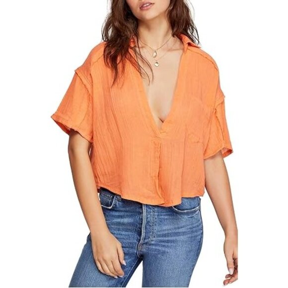 We The Free Orange Cotton Waffle Gauze Textured Short Sleeve Button-Up Shirt L - Picture 1 of 11